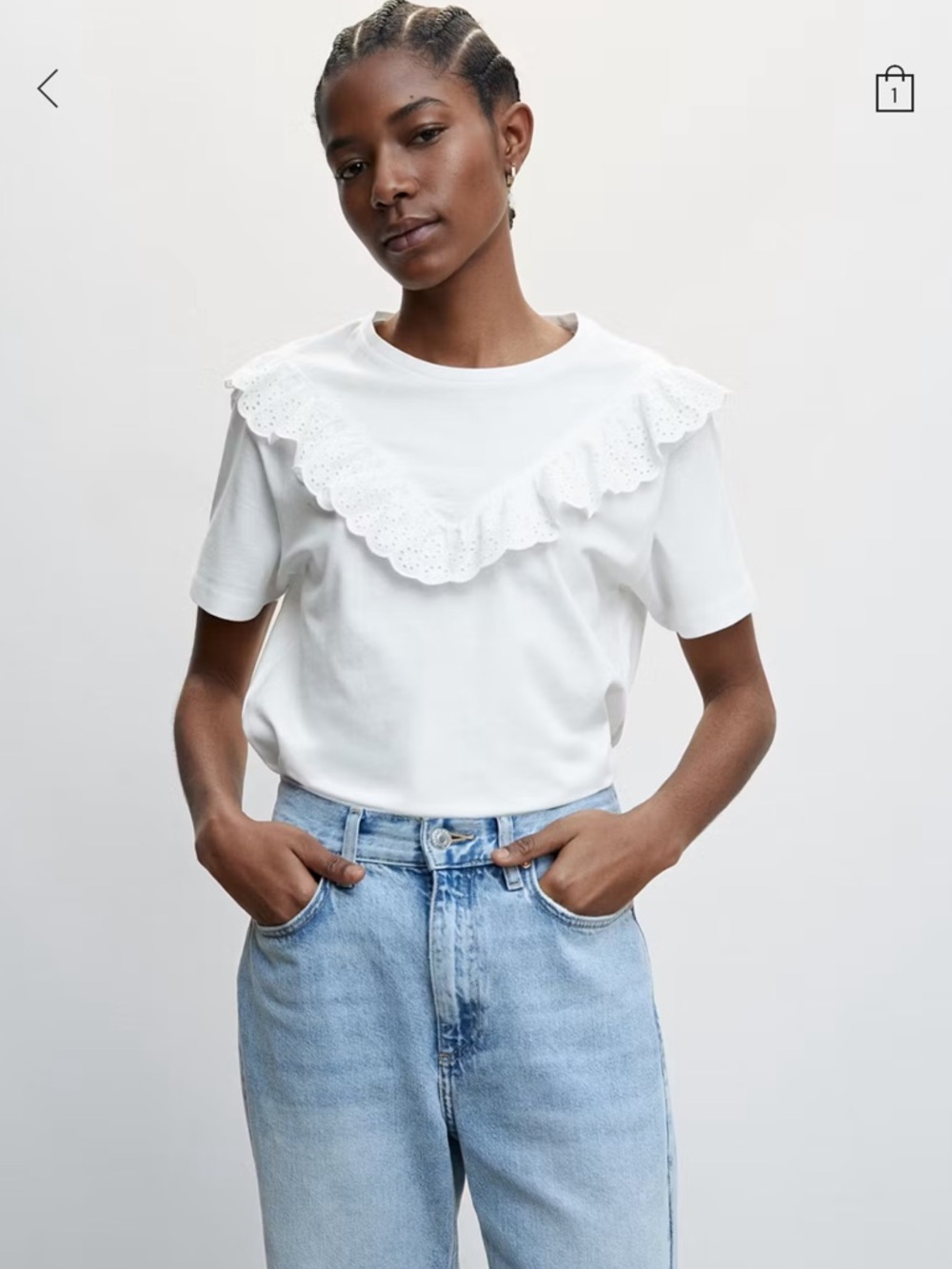 Mango White Eyelet Ruffle Yoke Tee
